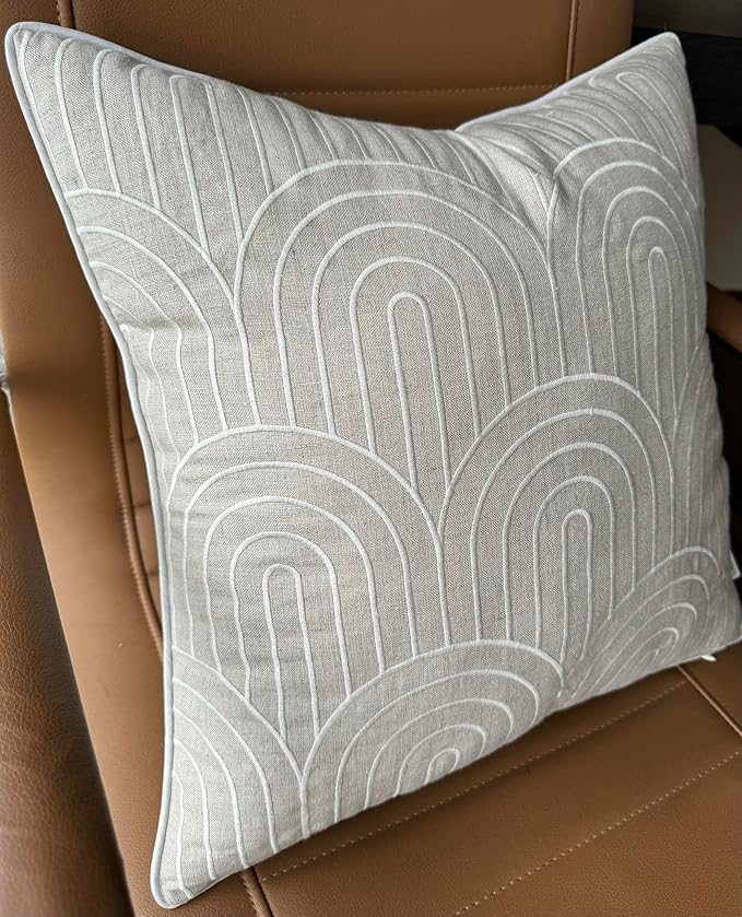 VAGMINE Embroidered Geometric Throw Pillow Cover - 18x18 Inches Square - 100% Linen Natural Decorative Cushion Cover - Elegant Embroidery - Minimalist Accent for Sofa, Bed, Couch, Farmhouse Décor-Ruum Studio Home
