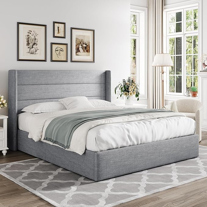 Allewie Full Size Lift Up Storage Bed, Modern Wingback Headboard, Hydraulic Support, No Box Spring Needed, Light Grey-Ruum Studio Home