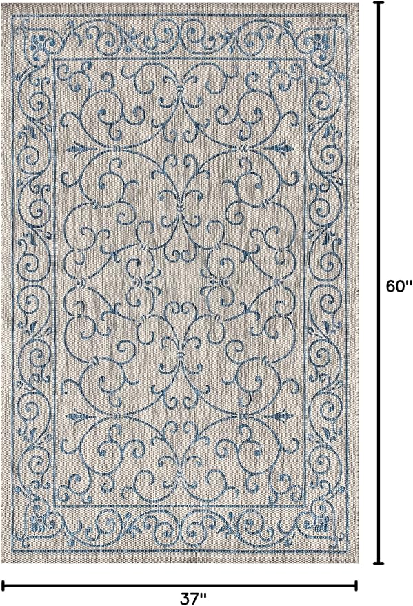 JONATHAN Y Vintage Filigree Indoor Outdoor Area Rug 3X5 Gray/Navy, Charleston Textured Weave for Backyard, Patio, Porch, Easy-Cleaning, High Traffic, Pet-Friendly, Non-Shedding (SMB106C-3)-Ruum Studio Home