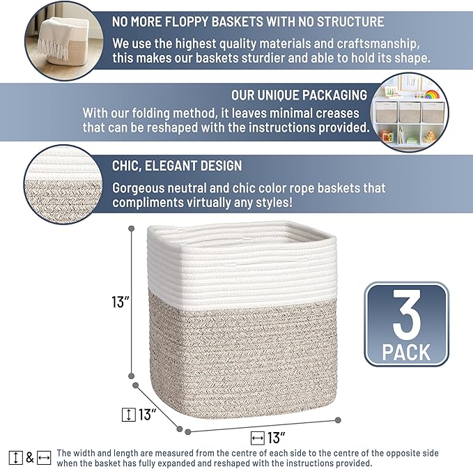 NaturalCozy 13 Inch Cube Storage Bins Cotton Rope Woven Baskets for Organizing 3-Pack | 13 x 13 Storage Cubes | Fabric Square Storage Baskets for Shelves Organizer, Kids Toy Bins, Closet Baby Nursery-Ruum Studio Home