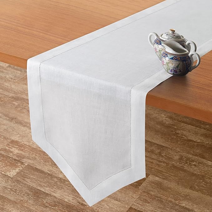 D'Moksha Homes White Linen Table Runner 60 Inches Long - 100% Pure Linen Diamond Table Runner 14 x 60 Inch for Dining, Fall and Halloween - Machine Washable-Ruum Studio Home