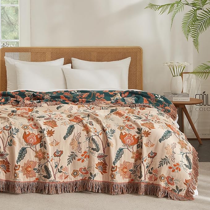 Boho Throw Blanket for Couch Sofa Bed, 100% Cotton Woven Quilt with Tassel 80”x90”, Super Soft Muslin Blanket with Floral Printed, Decorative Reversible Bed Blanket/Cover for All Seasons-Ruum Studio Home