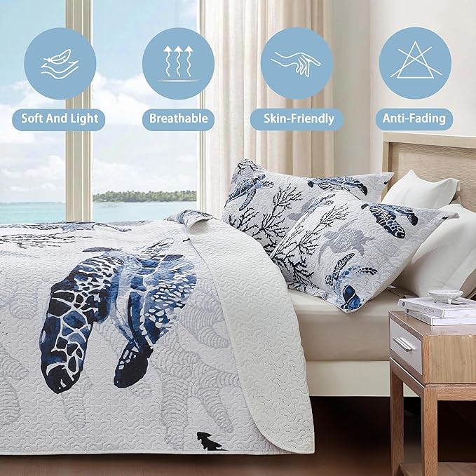 Coastal Bedding California King Size Coastal Quilt with 2 Shams, Nautical Beach Comforter Sets Ocean Bedspreads Blue Seaturtle Coverlet Summer Bedding, 106''x118''-Ruum Studio Home