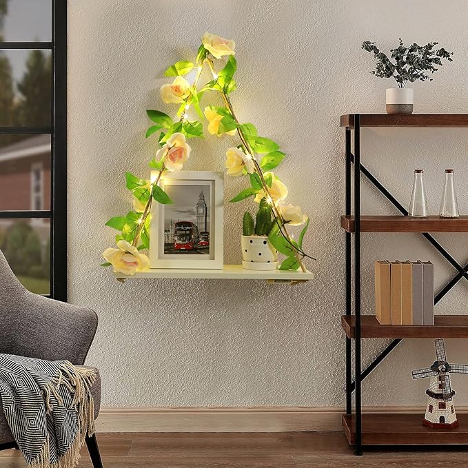 Floating Shelves for Wall,Plant Wall Decor,Hanging Shelf,Cottage Core Decor,Room Decor Aesthetic,Boho Room,Adhesive Shelves,Floating Shelves for No Drilling,Two-Piece Set(Champagne Flower)-Ruum Studio Home