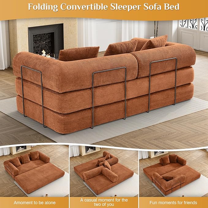 Convertible Sleeper Sofa Bed with Pillow, 4-in-1 Corduroy Folding Mattress Couch with Fixed-Shape Frame, Futon Fold Out Floor Sofa Cama Lounge Couch for Living Room Bedroom, Orange-Ruum Studio Home