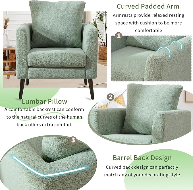Barrel Accent Chair with Back Pillow, Large Teddy Upholstered Armchair with Solid Wood Legs Modern Reading Chairs for Living Room Bedroom-Ruum Studio Home