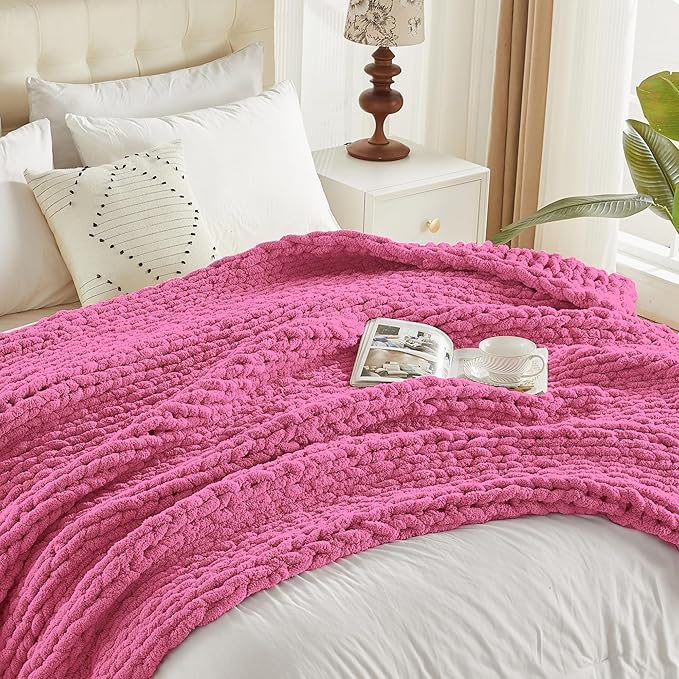 Carriediosa Chunky Knit Throw Blanket 50" X 60", 100% Hand Made Large Chenille Loop Yarn Soft Fluffy Throws for Couch Sofa Bed, Big Crochet Cozy Heavy Thick Cable Woven Blankets, Hot Pink-Ruum Studio Home