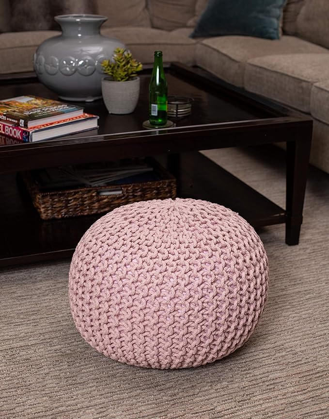BIRDROCK HOME Round Pouf Ottoman | Cotton Braided Foot Stool with Bean Bag Filling | Boho Foot Rest for Living Room & Bedroom | Compact & Comfortable Seating, Lightweight & Soft | Dusty Rose-Ruum Studio Home