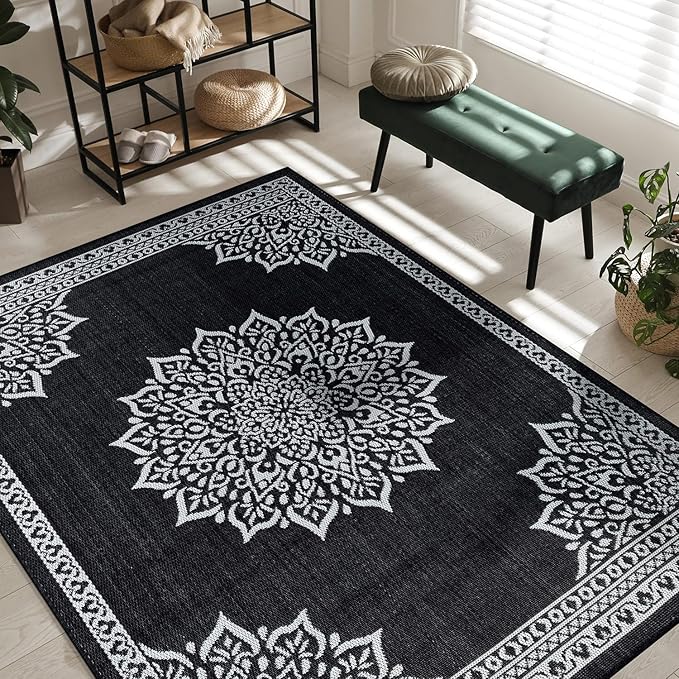 CAMILSON Outdoor Rug, 9x12 Medallion Black White Modern Area Rugs for Large Indoor and Outdoor Patios, Kitchen and Hallway Mats, Washable Porch Deck Outside Carpet (Medallion Black, 9 x 12)-Ruum Studio Home