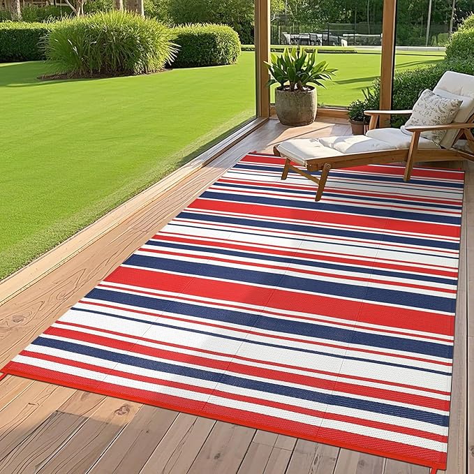 Outdoor Patio Rug 9x12 Stain-Resistant Reversible Camping Mat, Modern Striped Outdoor Plastic Straw Rug, Waterproof Outside Carpet, Easy to Clean for RV, Porch, Deck, Balcony, Red Blue White-Ruum Studio Home