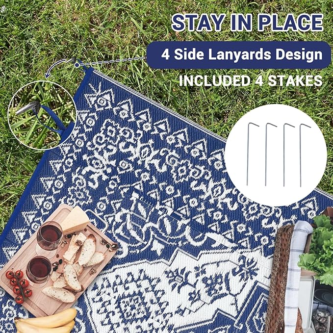 GAOMON Large Outdoor Plastic Straw Rug 10x14 Waterproof Patio Rug Reversible Foldable Portale Camping Mat with Stakes & Bag, Vintage Boho Outside Carpet for RV Garden Deck Porch, Navy-Ruum Studio Home