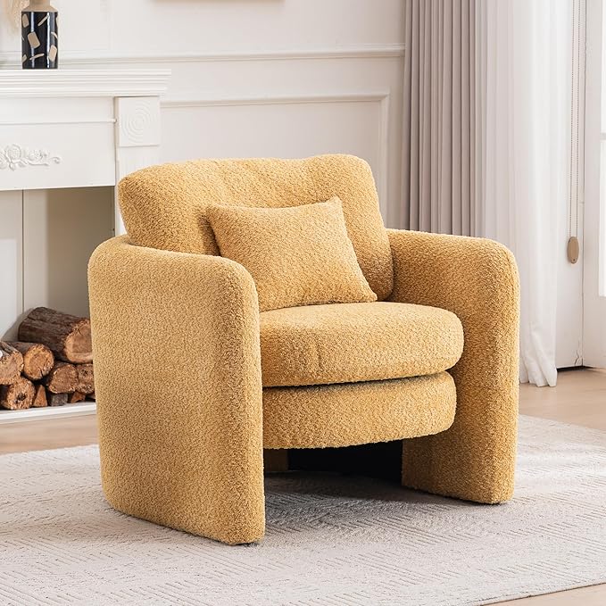 Chenille Accent Armchair Oversize Upholstered Barrel Comfy Modern Round Lounge Sofa Chair with Pillow Cozy Reading Chairs for Apartment,Office,Living Room,Dining,Makeup,Club,Yellow-Ruum Studio Home