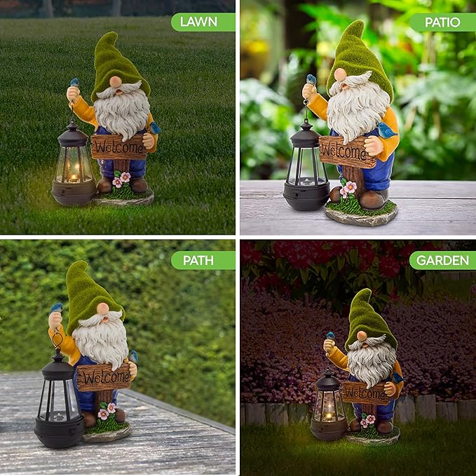 Garden Gnomes Outdoor - Flocked Gnome Statue Holding Lantern with Solar LED Lights | Gnomes Garden Decorations for Patio, Yard, Lawn Ornaments - Gnome Gifts-Ruum Studio Home