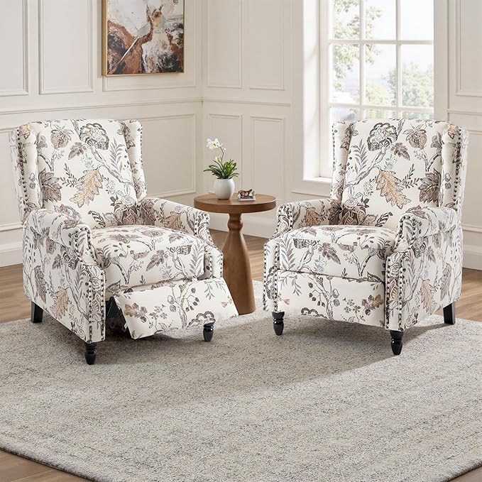 UIXE Recliner Chairs Set of 2, Fabric Upholstered Armchair Pushback Accent Chair for Living Room, Floral Rivet Trim Club Chair Home Theater Single Sofa Bedroom Side Reading Seat - Beige Plants-Ruum Studio Home
