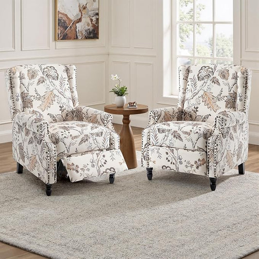 UIXE Recliner Chairs Set of 2, Fabric Upholstered Armchair Pushback Accent Chair for Living Room, Floral Rivet Trim Club Chair Home Theater Single Sofa Bedroom Side Reading Seat - Beige Plants-Ruum Studio Home