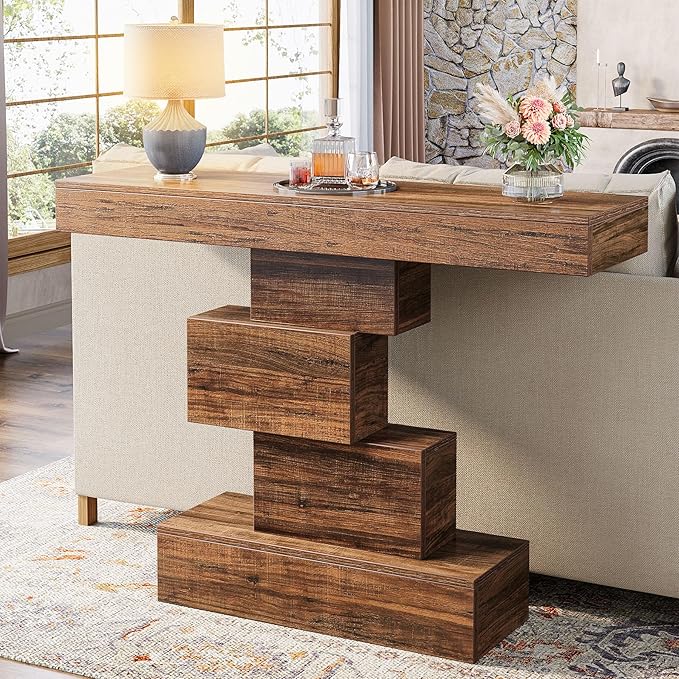 Tribesigns 42.5" Farmhouse Console Table, Narrow Wood Sofa Table Behind Couch with Geometric Base, Industrial Entryway Accent Table for Living Room, Hallway, Entrance (Rustic Brown)-Ruum Studio Home