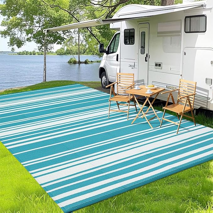 Outdoor Patio Rug 9x12 Stain-Resistant Reversible Camping Mat, Modern Striped Outdoor Plastic Straw Rug, Waterproof Outside Carpet, Easy to Clean for RV, Porch, Deck, Balcony, Light Blue-Ruum Studio Home
