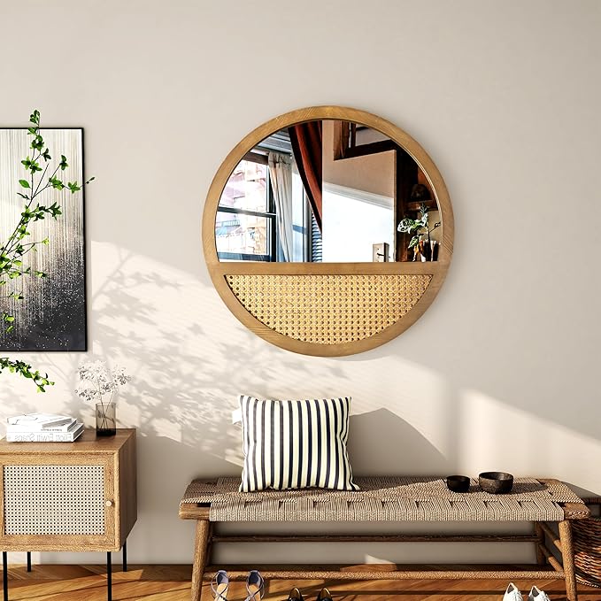 Rattan Round Mirror, 24 Inch Wall Mirror for Living Room Decor, Wooden Framed, Vintage Hanging Mirror, Hand-Woven for Wall Art Decoration-Ruum Studio Home