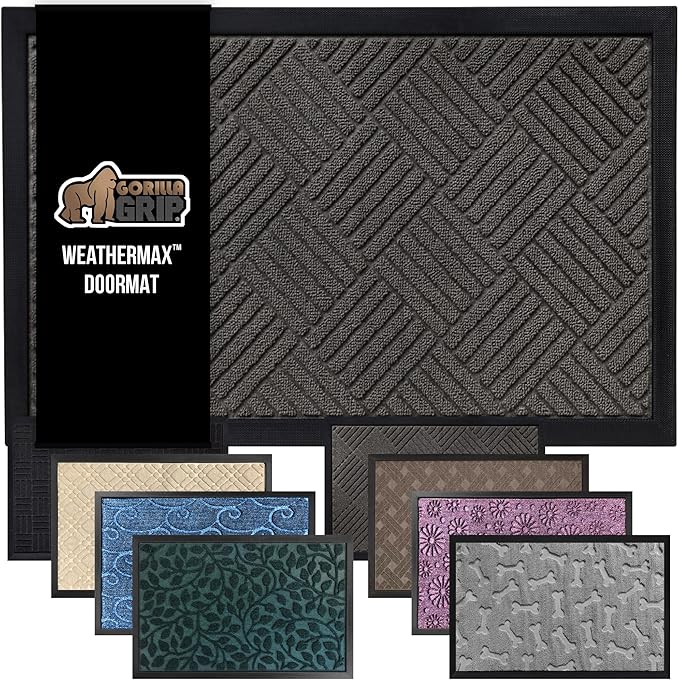 GORILLA GRIP 100% Waterproof All-Season WeatherMax Doormat, 34x58, US Designed Natural Rubber, Stain and Fade Resistant, Low Profile Indoor Outdoor Door Mats, Easy Clean Patio Mat, Gray Diamond-Ruum Studio Home