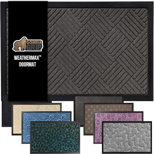 GORILLA GRIP 100% Waterproof All-Season WeatherMax Doormat, 34x58, US Designed Natural Rubber, Stain and Fade Resistant, Low Profile Indoor Outdoor Door Mats, Easy Clean Patio Mat, Gray Diamond-Ruum Studio Home