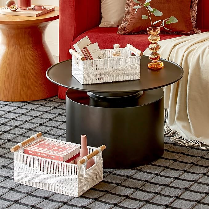 LA JOLIE MUSE Wicker Storage Baskets for Organizing, Recyclable Paper Rope Basket with Wood Handles, Decorative Hand Woven Basket Organizers for Makeup Books Shelves Living Room, White, Set of 2-Ruum Studio Home
