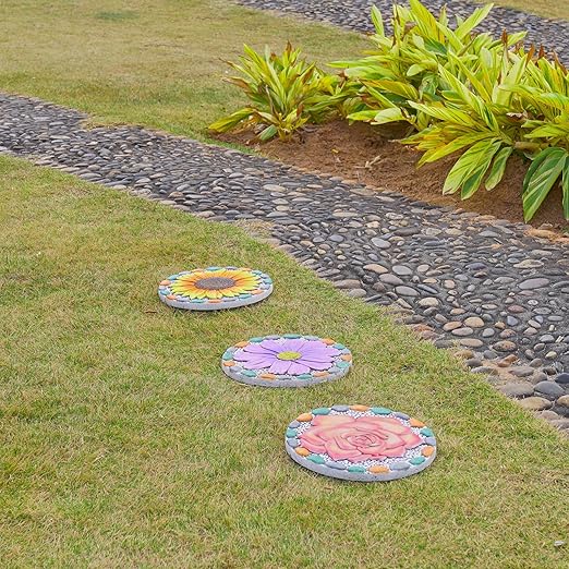 Decorative Sunflower Garden Stepping Stone - Colorful Pebble Border, Garden Stepping Stones Outdoor Yard Decor 10x10x0.75 Inches-Ruum Studio Home