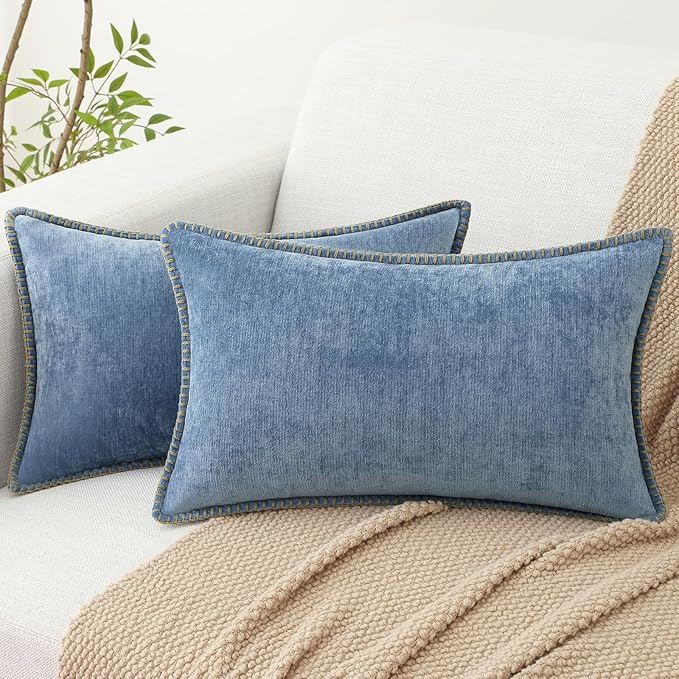 decorUhome Chenille Soft Throw Pillow Covers 12x20 Set of 2, Lumbar Velvet Farmhouse Neutral Decorative Euro Pillow Covers with Stitched Edge for Couch Sofa Bed Home Decor, Blue-Ruum Studio Home