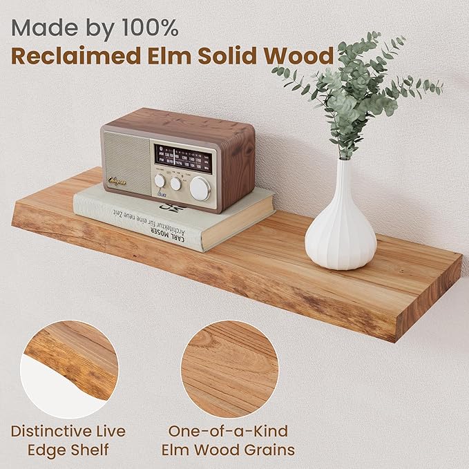 Floating Shelves for Wall Decor, Rustic Solid Elm Wood Live Edge Floating Shelves Wall Mounted, Wall Shelves with Invisible Bracket for Living Room Bathroom Bedroom Kitchen, 24 Inch Set of 2, Natural-Ruum Studio Home