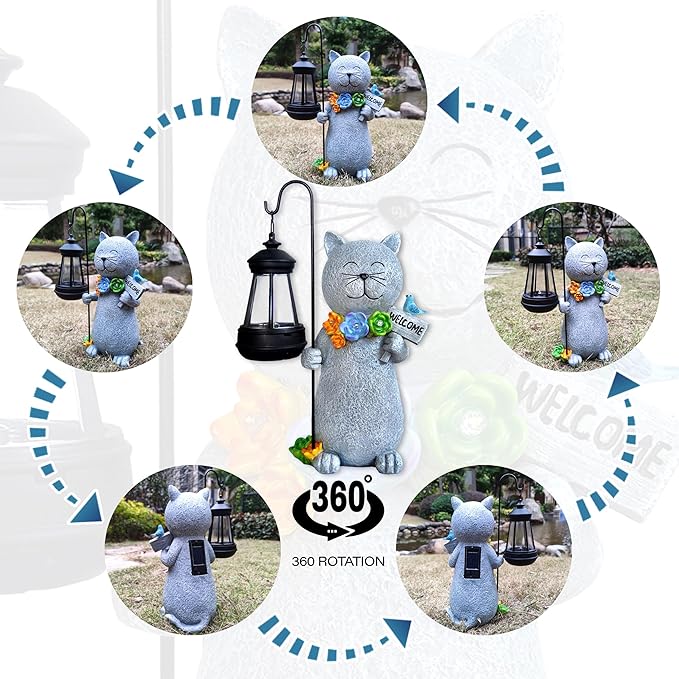 Solar Cat Garden Statues Outdoor Décor with Lantern- Cat Figurines Solar LED Light Lawn Ornaments - Yard Decorations for Patio, Balcony, Backyard -Unique House Warming Gifts for Mom-Ruum Studio Home