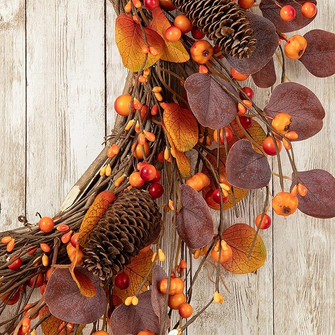 Glitzhome 22" D Fall Eucalyptus Berry Wreath, Artificial Wreaths Rustic Hanging Ornaments for Fall Front Door Wall Decor-Ruum Studio Home