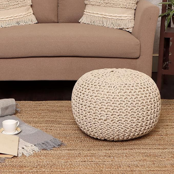 REDEARTH Round Pouf Ottoman –18"x18"x14" Hand-Knitted Cotton Pouffe –Cable Footstool –Boho Dori Hassock –Pre-Stuffed Poof – Extra Seat -Poofy Footrest for Living Room, Bedroom, Nursery, Nook –Ivory-Ruum Studio Home