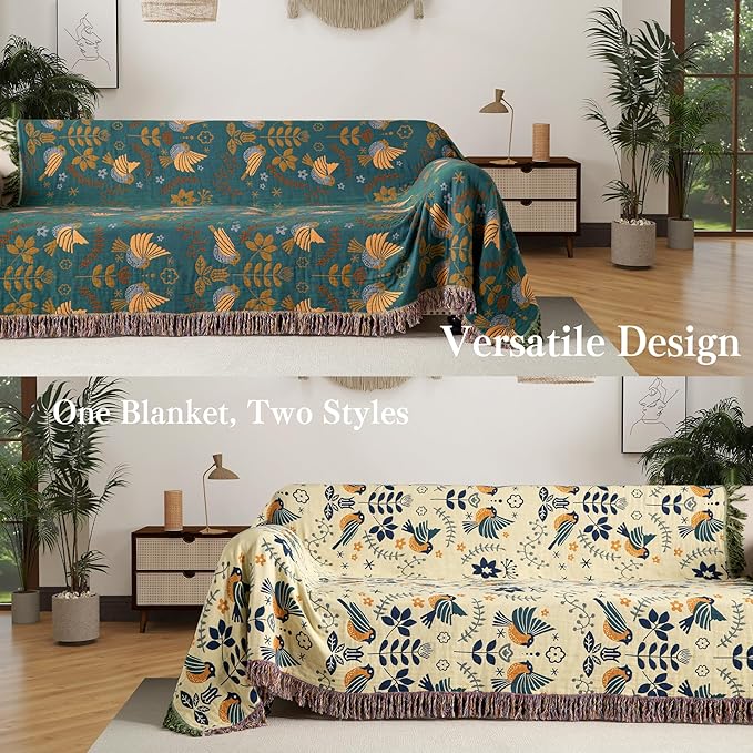 Boho Throw Blanket Queen Size, Oversized Soft Cozy Cotton Muslin Quilt Blanket for Bed Decor, Bird Patterned Couch Sofa Chair Cover, Vintage Farmhouse Cottage Woven Blanket, Green&Beige-Ruum Studio Home