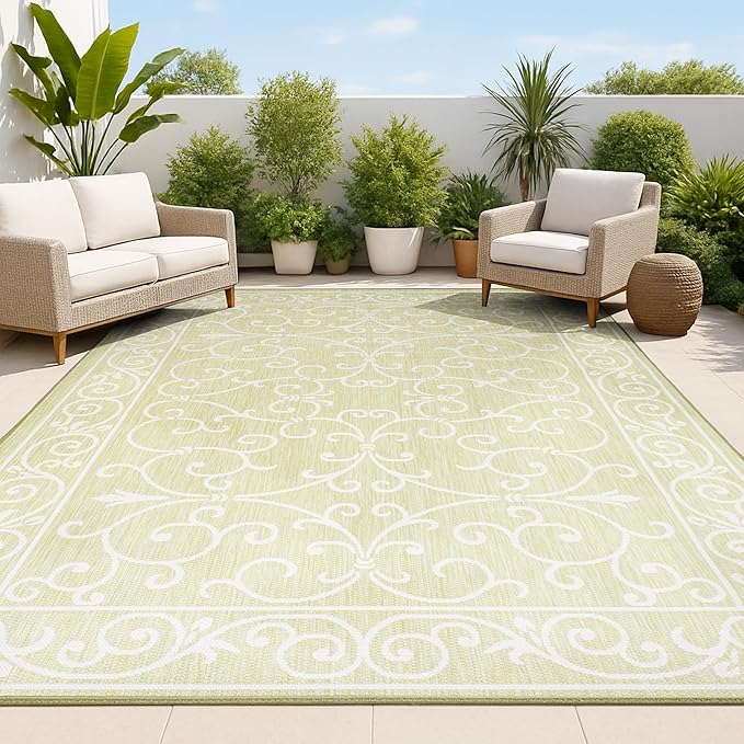 JONATHAN Y Vintage Filigree Indoor Outdoor Area Rug 9X12 Green/Cream, Charleston Textured Weave for Backyard, Patio, Porch, Easy-Cleaning, High Traffic, Pet-Friendly, Non-Shedding (SMB106H-9)-Ruum Studio Home