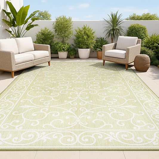 JONATHAN Y Vintage Filigree Indoor Outdoor Area Rug 8X10 Green/Cream, Charleston Textured Weave for Backyard, Patio, Porch, Easy-Cleaning, High Traffic, Pet-Friendly, Non-Shedding (SMB106H-8)-Ruum Studio Home