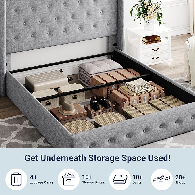 Allewie Queen Size Lift Up Storage Bed, Button Tufted Headboard with Wingback, Hydraulic Support, No Box Spring Needed, Light Grey-Ruum Studio Home