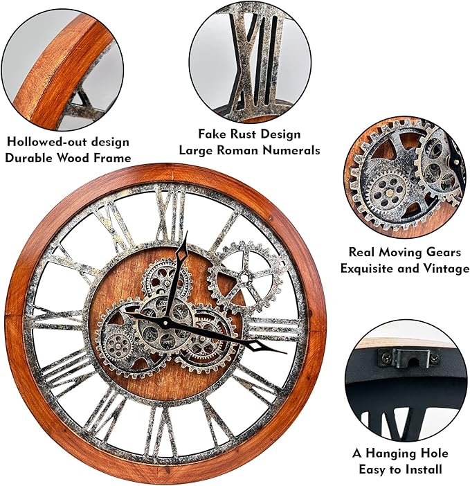 The B-Style Large Wall Clock 24 inch Moving Gear Wall Clock Oversized Vintage Farmhouse Wall Clocks for Living Room Decor Rustic Industrial Wood Clock (Brown and Bronze)-Ruum Studio Home