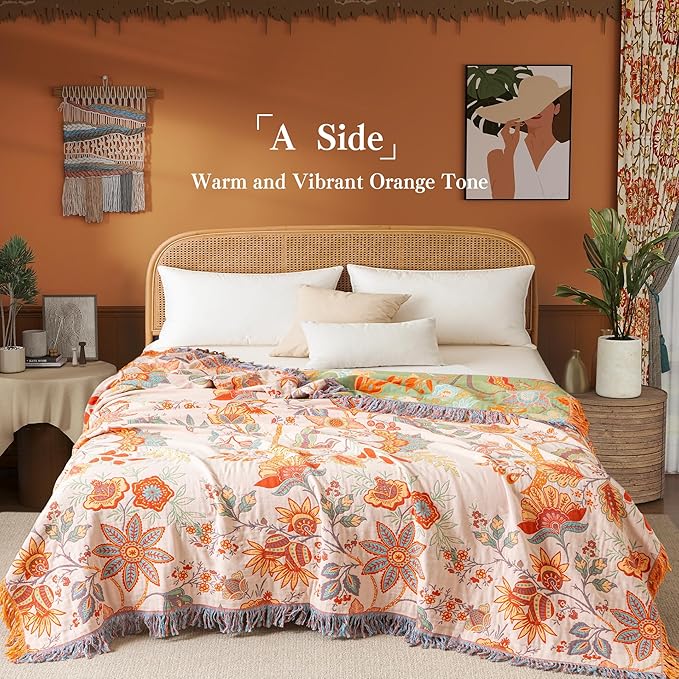 Boho Throw Blanket Full Size, Soft Cozy Cotton Muslin Quilt Blanket for Bed Decor, Floral Patterned Couch Sofa Chair Cover, Vintage Farmhouse Cottage Tapestry Woven Blanket, Coral&Green-Ruum Studio Home