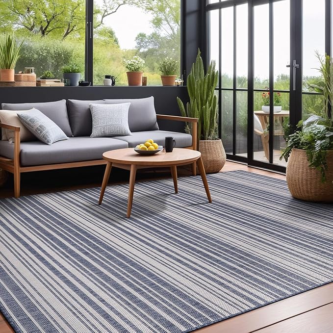 Stripe Outdoor Rug 10x14 Washable Outside Carpet for Indoor Patio Porch Waterproof Easy Cleaning Non Shedding Area Rugs Blue 10 x 14-Ruum Studio Home