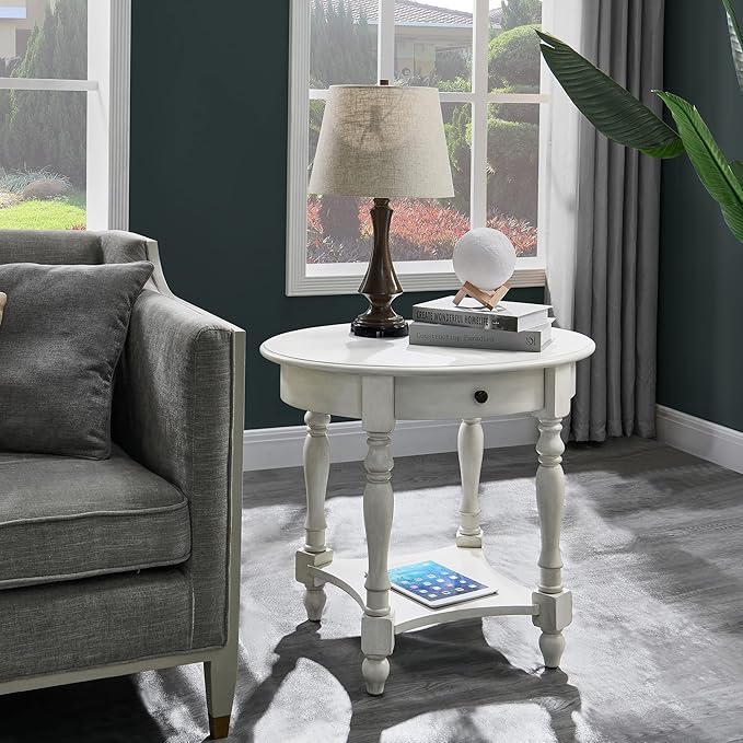 MODERION Oval End Table with Drawer, Solid Wood Sofa Side Storage Shelf, Traditional Living Room Corner Table, Nightstand, Easy Assembly 28INCH x 22INCH 24INCH Antique Walnut CJZ2233RW White-Ruum Studio Home