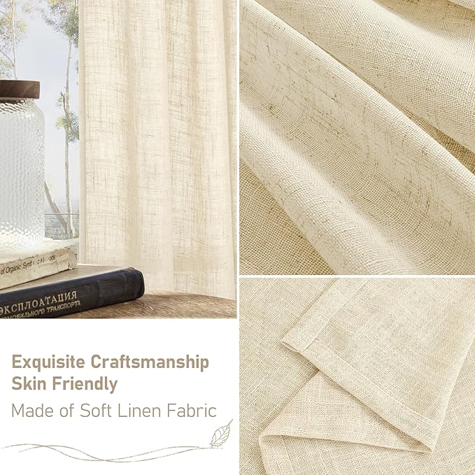 LAMIT Beige Linen Curtains 63 inches Length for Bedroom, Soft Thick Semi Sheer Light Filtering Bronze Grommet Window Treatments Decorative Drapes for Kitchen, 2 Panels Set, 34 x 63 Inch-Ruum Studio Home
