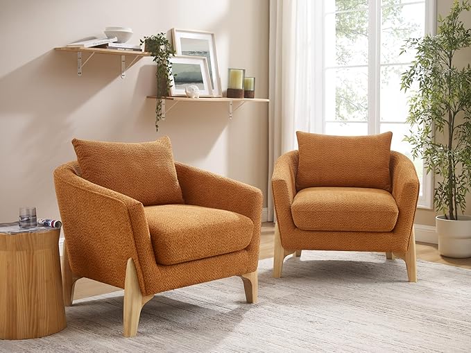 Accent Chair 31" Oversized Reading Chair Comfy Upholstered Boucle Lounge Armchair, Modern Living Room Chair with Back Pillow,Single Sofa Chair for Bedroom, Office (Curry)-Ruum Studio Home