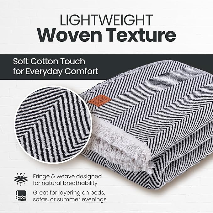 Gold Case Throw Blanket for Bed – 100% Recycled Turkish Cotton Bed Blanket – Decorative Throw Cotton Blankets for Living Room & Bedroom – Woven Twin Blankets - 71x90 - Black-Ruum Studio Home