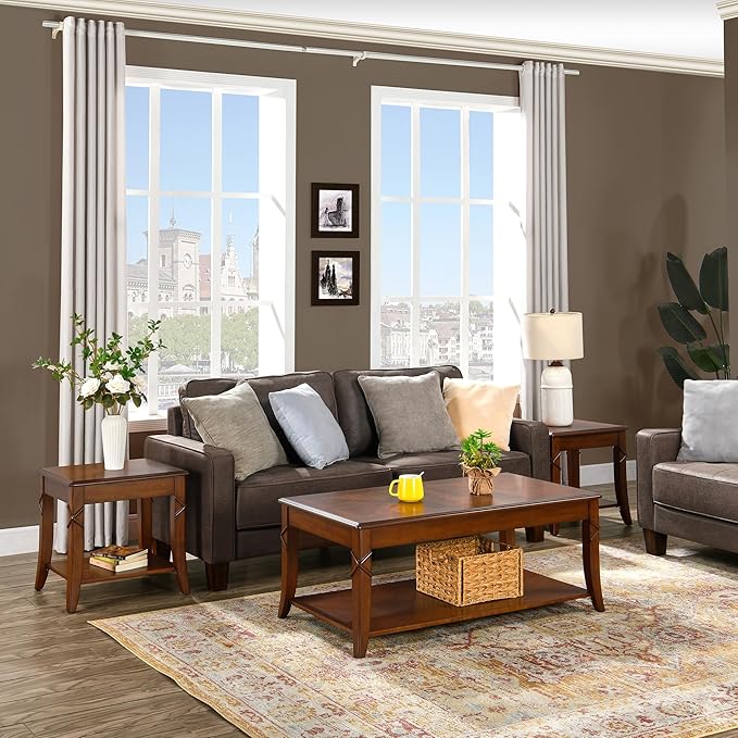 Solid Wood Coffee Table with Storage Shelf, Mid-Century Living Room Tables with Carved Tabletop and Leg, 43.3” Splicing Cocktail Center Sofa Table, Cherry Brown KFZ-DR200-Ruum Studio Home