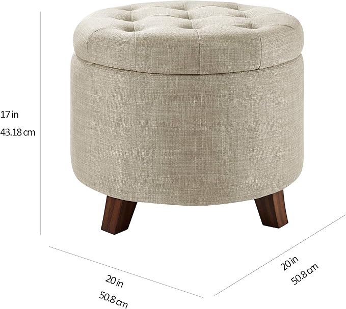 Amazon Basics Round Linen Ottoman with Storage, Tufted Upholstered Footstool for Living Room and Bedroom, 20" x 17", Linen Burlap Beige-Ruum Studio Home