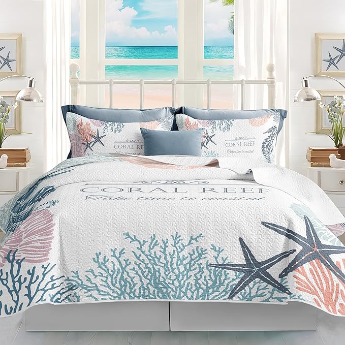 Coastal Bedding King Size 2 Shams, Nautical Beach Comforter Sets Ocean Bedspreads Coastal Coverlet Summer Bedding, 96''x106''-Ruum Studio Home