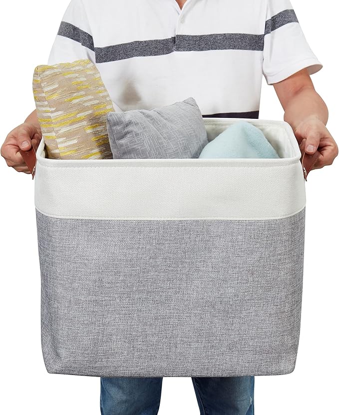 DECOMOMO Storage Baskets | Large Storage Bins 54.5L Fabric Baskets for Organizing Laundry Nursery Toys Cloth Linen Closet Organizers with Handles (Grey and White, XXXL - Jumbo/3P - 17" x 13" x 15")-Ruum Studio Home