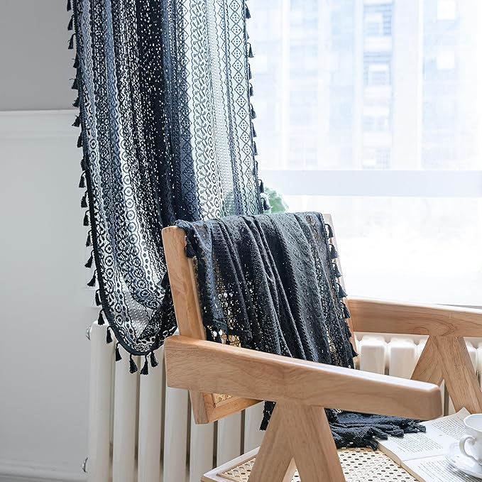 Sutuo Home Black Boho Curtain for Halloween Decor, Sheer Crochet Lace Handmade Tassels Knitted Window Treatment Vintage Rustic Bohemian Farmhouse Drape for Bedroom Rod Pocket 1 Panel 59" W x 96" L-Ruum Studio Home