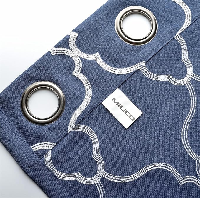 MIUCO Moroccan Embroidery Semi Sheer Curtains Faux Linen Grommet Window Curtains for Living Room 52 x 63 Inch 2 Panels, Navy Blue-Ruum Studio Home