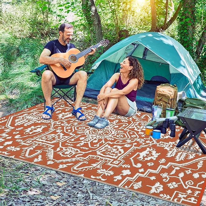 Outdoor Rug 8x10 Waterproof Reversible Plastic Straw Mat, UV-Resistant Vintage Medallion Camping Carpet for Patio, Deck, Balcony, Picnic, Large Outside Floor Mat, Vintage Terracotta Brick/White-Ruum Studio Home