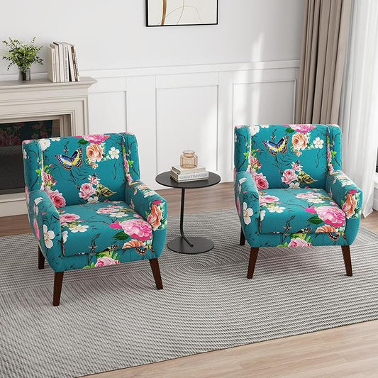 UIXE Floral Accent Chair, Modern Upholstered Armchair in Fabric for Living Room, Comfy Club Arm Chairs Single Sofa Button Tufted Bedroom Reading Seat - Pattern Blue, Set of 2-Ruum Studio Home